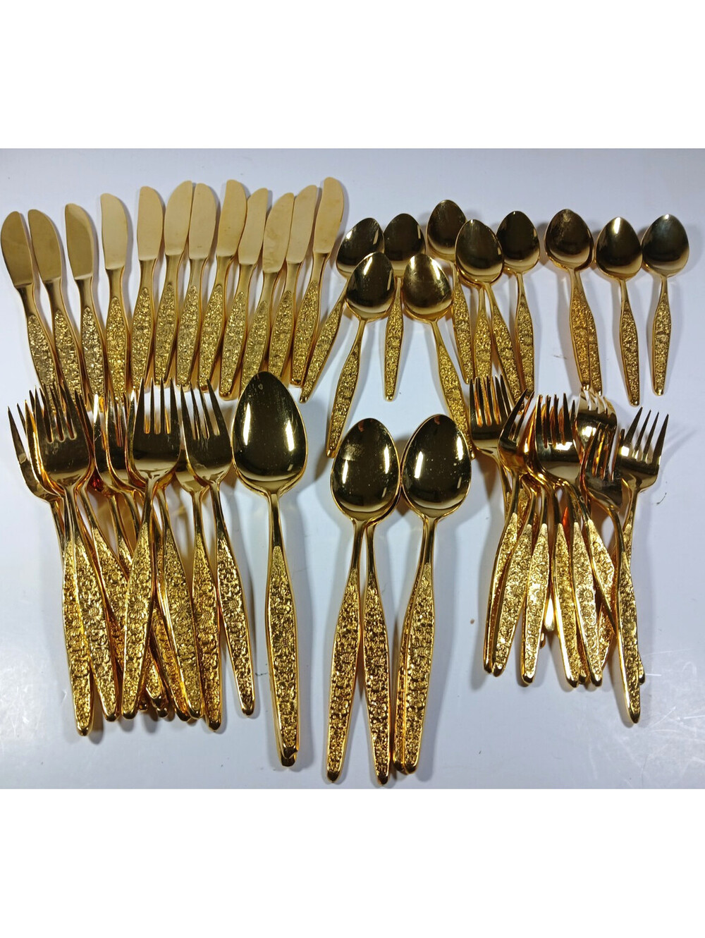 Vtg Present VIP 24K Gold Electroplate Flatware 54 pieces Setting for 12 "Floral"